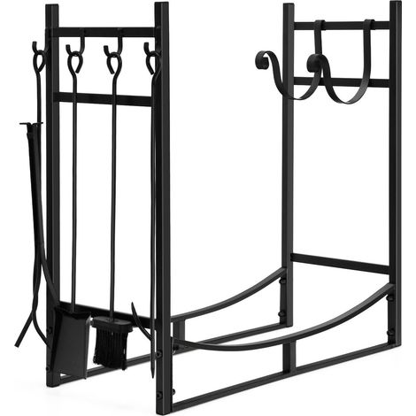 Porte-bûches métallique 30 pouces avec support à petit bois et 4 outils, et rangement surélevé pour cheminée et extérieur (1/5)