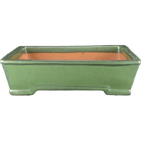 Vaso per bonsai rettangolare in gres smaltato verde 29,5x22,5x6,5 cm - J04b