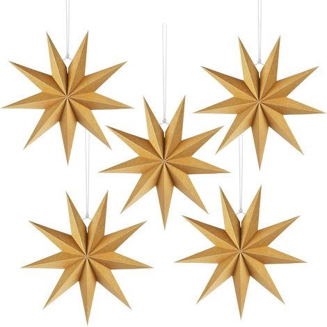 5PCS Étoiles en Papier de Noël, Decoration Noel Étoiles à Suspendre, 30cm, Décorations de Sapin de Noël en Papier, pour Mariage Anniversaire Chambre Plafond Christmas Party Deco (Bois) (1/5)