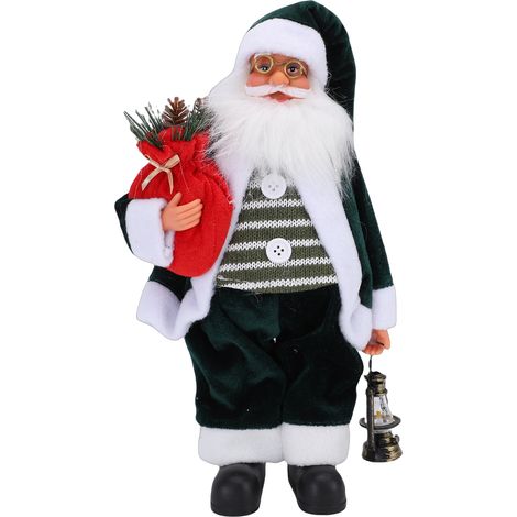Figurine Père Noël Debout Sac Rouge et Lanterne Décoration de Noël Vert en Tissu et Caoutchouc pour Intérieur (1/5)