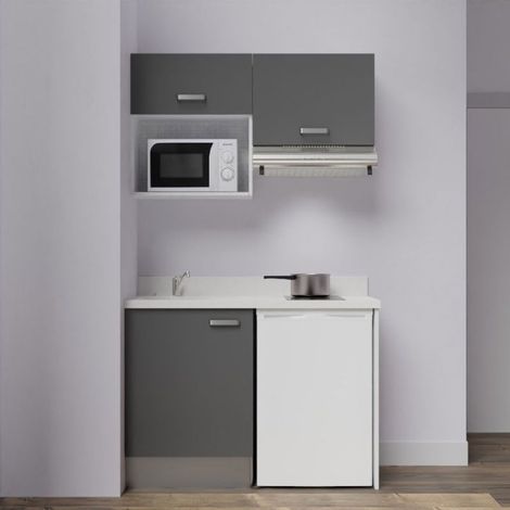 Kitchenette K02L - 120 cm avec plan monobloc, emplacement frigo, hotte et micro-ondes-Gris-Snova-évier à gauche