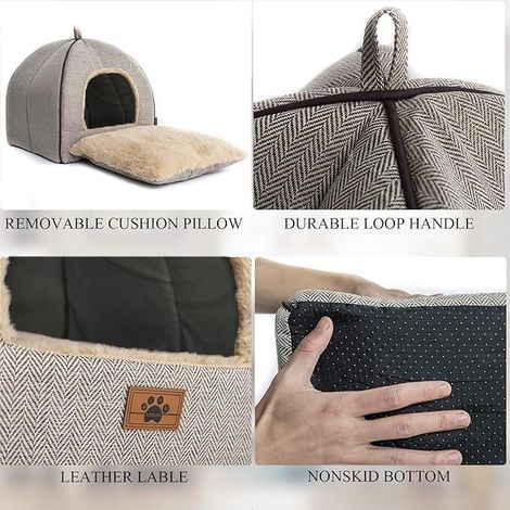 Maison pour chat pliante et confortable, niche douillette 2-en-1 avec coussin amovible et réversible pour petit animal, panier de couchage lavable antidérapant (1/5)