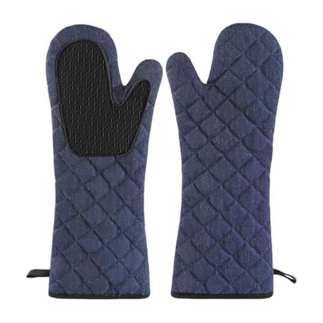 Guantes de cocina largos y acolchados de algodón con revestimiento de silicona tipo mezclilla, resistentes al calor y antideslizantes, ideales para cocinar, hornear y hacer barbacoas. (1/5)