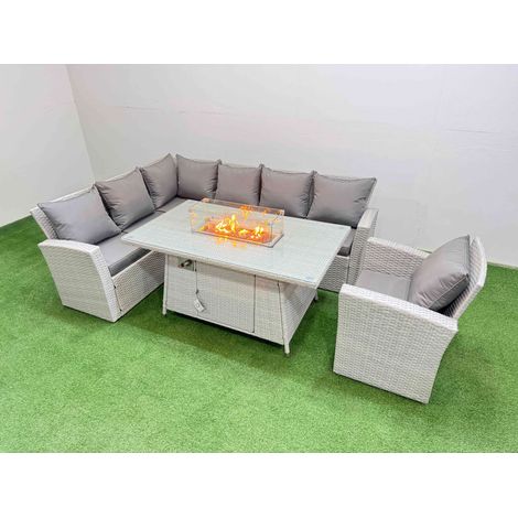 Fimous 7 Seat Rattan Garden Furniture Corner Sofa Set Outdoor Gas Fire Pit Table Sets with Armchair Light Grey (1/5)