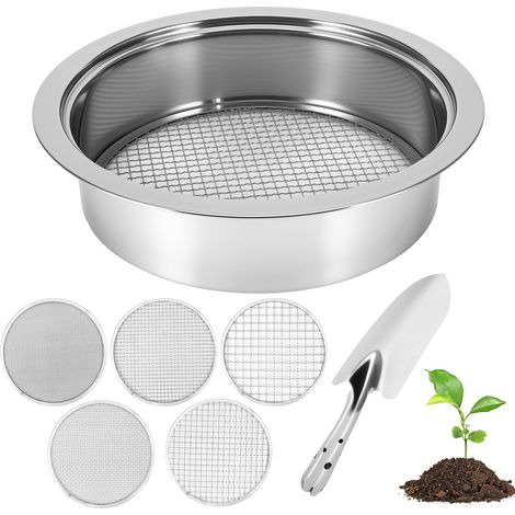 Tamis de jardin 5 en 1 en acier inoxydable avec 5 tamis interchangeables de 1,3, 6, 9, 12 mm, 1 pelle manuelle pour terre, pierres, compost, sable, etc (1/5)