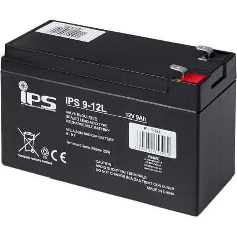 IPS 9-12L: VRLA-AGM-Batterie 12 V 9 Ah, 6–9 Jahre Lebensdauer, T2 6,3 mm, für USV