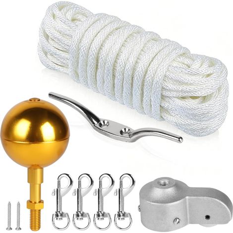 Kit D'accessoires pour Mât de Drapeau, Kit de Pièces de Réparation avec Pointe de Boule Dorée, Ø 5,1 cm Topper avec Poulie, Corde en Nylon de 15 m, Mousqueton, Taquet, pour Déco Maison, Doré (1/5)