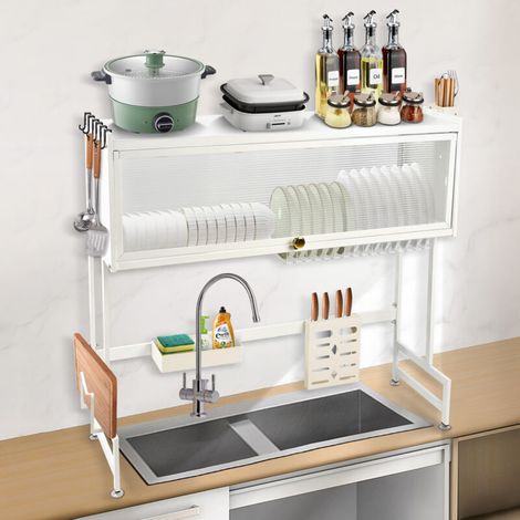 Égouttoir à vaisselle à 2 étages au-dessus de l'évier - Grand organisateur d'évier en acier inoxydable - 65cm - Blanc (1/5)