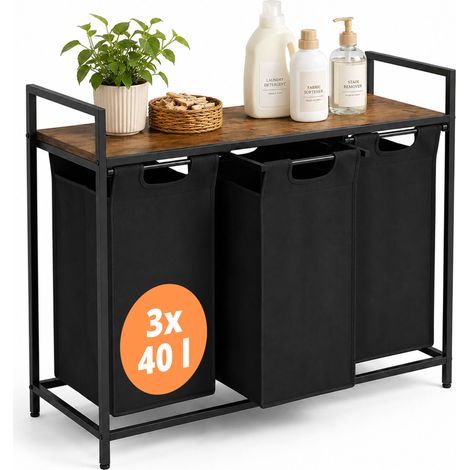 Relaxdays Wäschekorb mit Ablage, 3 ausziehbare Wäschesammler, je 40 Liter, Stoff, HBT: 73 x 92,5 x 33 cm, braun/schwarz