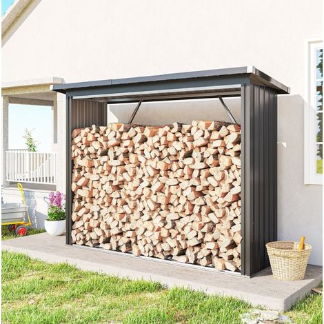 Brennholzregal aus Stahl mit erhöhtem Boden und Pultdach 213 x 66,5 x 150 cm dunkelgrau OKMYHOME (1/5)