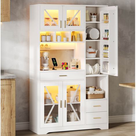 Aparador de cocina 105x40x185 cm blanco en MDF con LED regulable, vitrina, cajón y tomas AC USB (1/5)