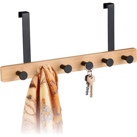 Portemanteau décoratif et pratique, pour porte, patère 6 crochets, à suspendre, bambou et métal, nature & noir (1/5)