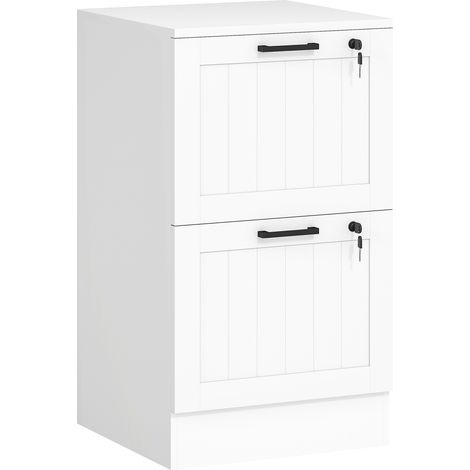 Caisson de rangement bureau blanc 40x40x71 cm, meuble en bois avec 2 tiroirs verrouillables et serrure, étagères réglables et barres de suspension ajustables. (1/5)