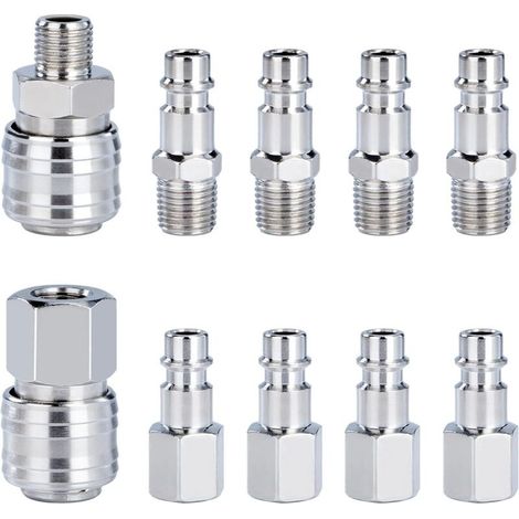 Raccord Rapide de Compresseur 1/4"BSP Coupleur Pneumatique d\'air Kit Raccords de Tuyau Connecteur Homme Femme 10 Pièces (1/5)