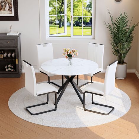Ensemble de salle à manger avec table ronde effet marbre et 4 chaises de salle à manger blanches, ensemble de cuisine moderne en similicuir avec piètement métallique cantilever pour salle à manger et (1/5)
