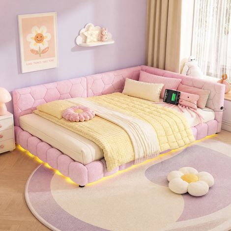 MEUBLIV Bett 140x200 cm Rosa – LED-Beleuchtung mit 16 Farben, USB und Type-C, ohne Matratze (1/5)