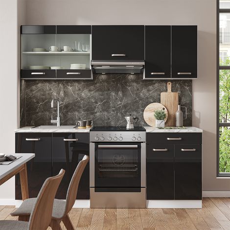 Mueble de cocina R-Line, Negro brillo/blanco, 200 cm Sin encimera, Vicco
