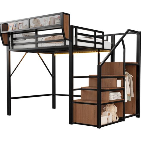 Letto a soppalco 140x200 in metallo nero con LED multicolore, scala di sicurezza e scaffale modulare, soluzione salvaspazio per piccoli ambienti  CHICFURN (1/5)