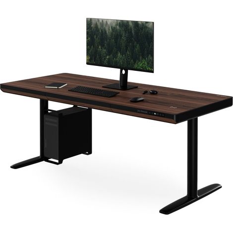 Bureau électrique assis-debout avec tiroir et chargeur sans fil Qi noir/noyer, 1600 mm: ELLIS