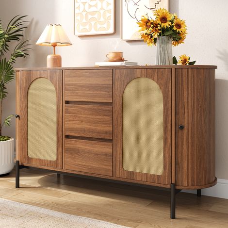 Credenza ovale 140 cm con 2 ante scorrevoli in rattan, 3 cassetti e ripiani regolabili, design in legno e gambe in metallo, mobile contenitore per soggiorno e cucina - Colore noce