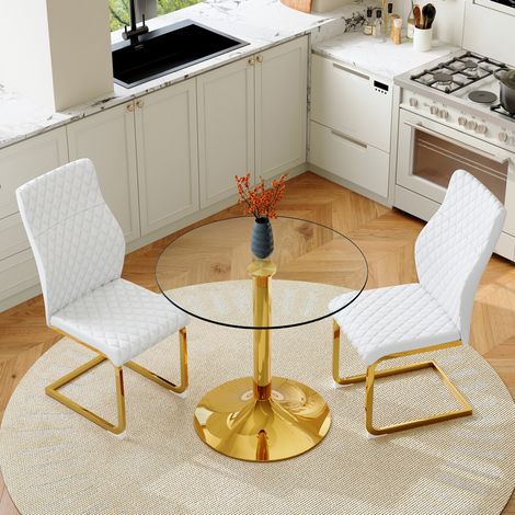Set tavolo e sedie 85x85x76 cm, piano in vetro temperato trasparente, schienale ergonomico, metallo e PU bianco e oro (1/5)