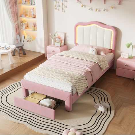 Lit enfant 90x200 cm en velours rose avec tiroir et LED, sans matelas FloraGrace (1/5)