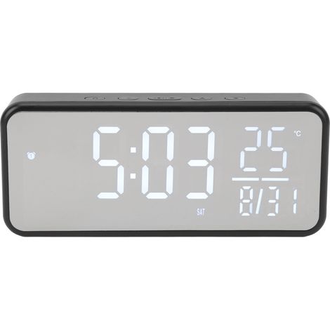 Réveil numérique LED avec affichage de l'heure, de la date, du jour de la semaine et de la température. Grand écran, luminosité et volume réglables. Horloge murale numérique noire. (1/5)