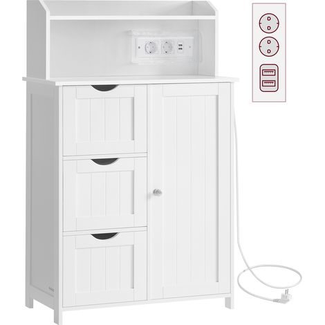 Vasagle – Meuble bas de salle de bain 100 cm – 3 tiroirs, 1 porte, 2 étagères réglables – Multiprise intégrée – Blanc nuage (1/5)