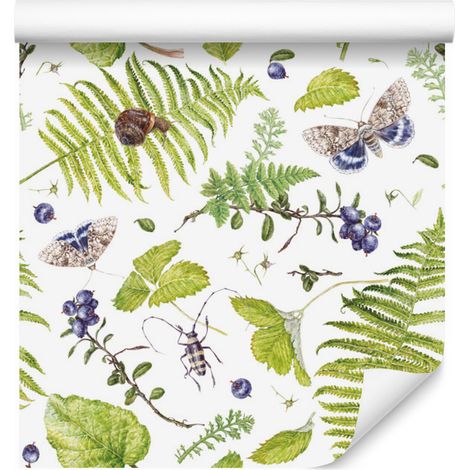 Papier peint à motif fougère et papillons pour salon et chambre 50x1000 cm (1/5)