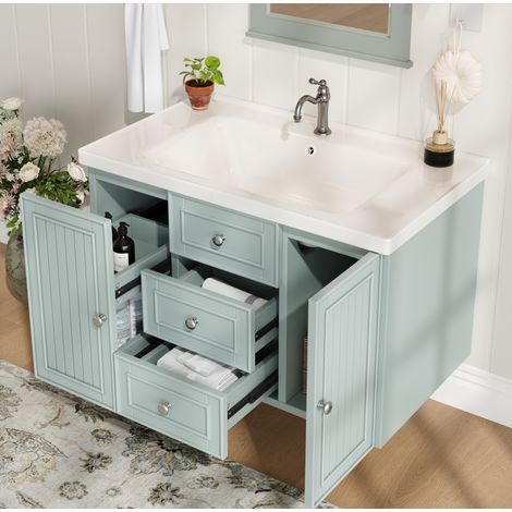 Mueble bajo lavabo suspendido 78.5x46x46.8 cm, con lavabo cerámico, amplio almacenaje, MDF y metal verde (1/5)