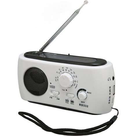 Radio solaire multifonction rechargeable à manivelle avec lampe torche intégrée, idéale pour le camping et la randonnée (blanche). (1/5)