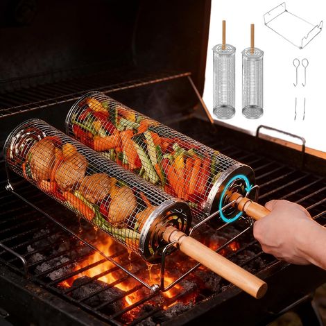 Lot de 2 paniers à griller à roulettes, en acier inoxydable 304 avec poignées en bois amovibles - Accessoires de barbecue pour légumes, camping - Cadeau pour papa et mari (1/5)