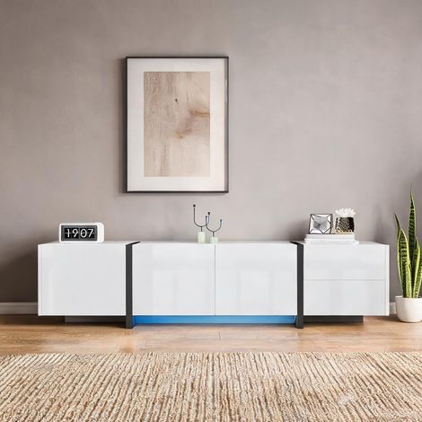 Meuble TV blanc laqué avec portes et tiroir 170 x 30 x 39 cm (1/5)