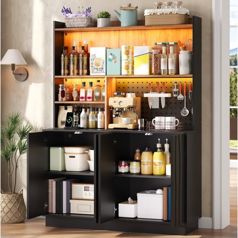 MODFU – Credenza contenitore 120x43x160 cm in MDF con LED RGB, prese USB, pannello forato, 2 ante e carico 50 kg – Nero/naturale (1/5)
