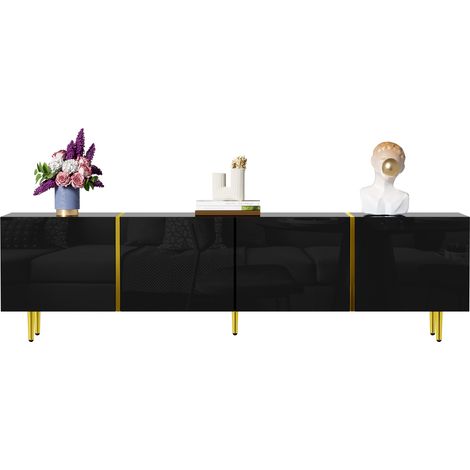 Meuble TV noir laqué brillant – 4 portes, style noir et or, simple et moderne