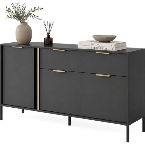 Credenza Hametesi, Madia 2 Cassetti, 3 Ripiani, Apertura Battente, Scorrevole, 153x40x81h cm Nero