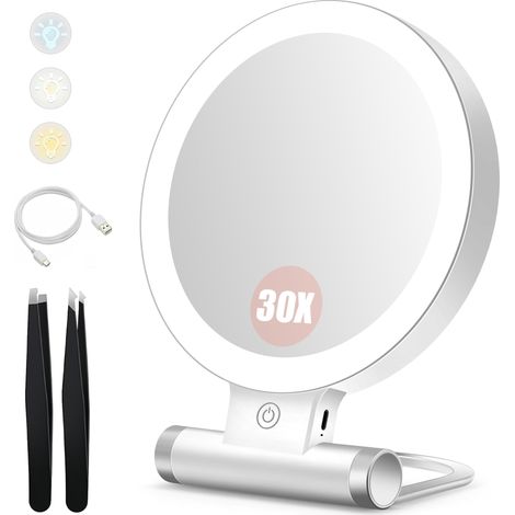 Miroir Grossissant 30X/1X, Double Face, Miroir de Table Pivotant à 360°, Miroir de Maquillage Rond avec Éclairage LED (Blanc) (1/5)
