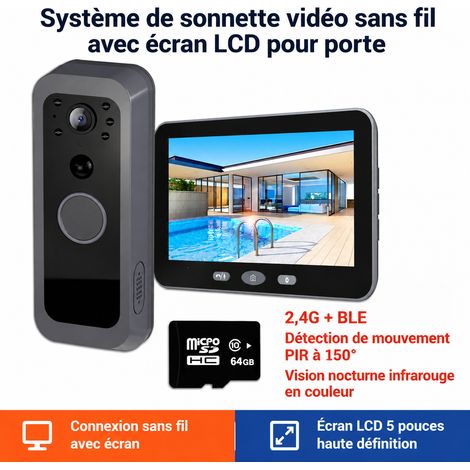 Sonnette vidéo sans fil WiFi avec écran 5 pouces 1080P RH-TPD10W gris avec carte TF 64 Go rh-tpd10w gris 64g 19,5 × 12,6 × 7,5 cm 605 g – Livraison gratuite