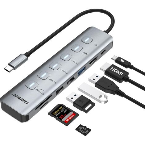 Hub USB C avec commutateurs LED individuels, adaptateur USB C multiport 7 en 1 avec sortie HDMI 4K, 100 W PD, USB-A 3.0 et lecteur de cartes SD/TF pour MacBook Air/Pro, Mac Air, plus ordinateur (1/5)