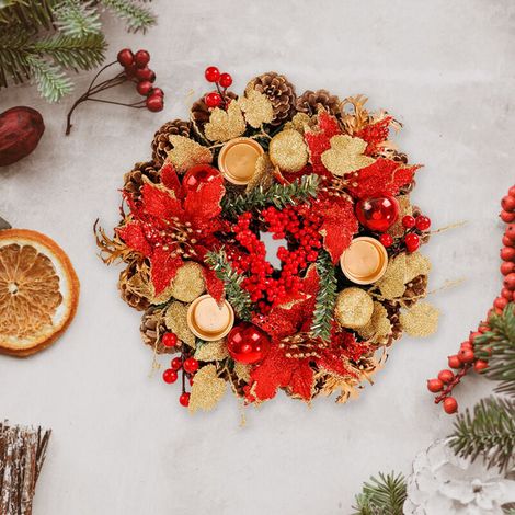 Simulation Kerzenhalter Dekoration, Weihnachtskranz, Tannenzapfen, rote Beeren und Weihnachtskugeln (1/5)