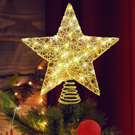 Étoile lumineuse pour Sapin de Noël 25 cm – Cime d’arbre en Métal Doré Pailleté avec 20 LED, Décoration de Fête Intérieure (1/5)