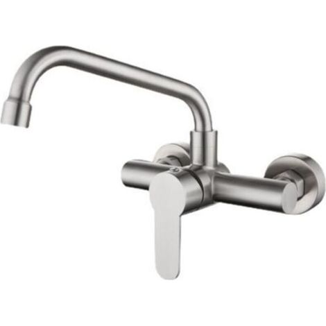 Robinet de cuisine mural en acier inoxydable 304, vadrouille, évier de piscine, balcon, buanderie, robinet rotatif chaud et froid, diamètre du siège de valve 3,2 cm, argent- (1/3)