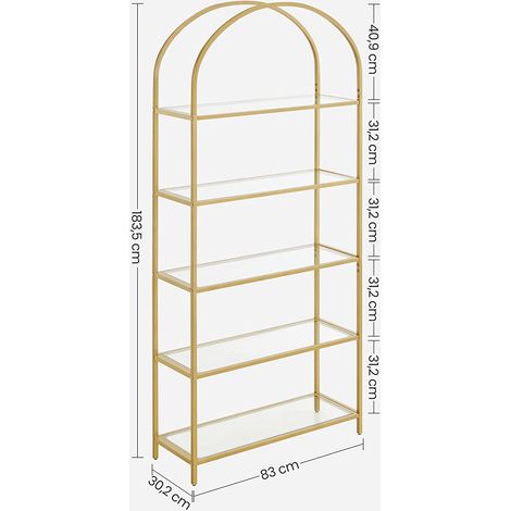 Etagère à 5 niveaux, Etagère en verre trempé, Structure arquée, Structure en acier, pour salon, Salle de bain de travail, Couleur Or LGT050A01 (1/5)