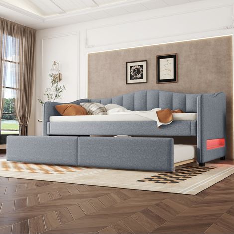 Letto a divano 90x200 cm grigio in lino e MDF con letto estraibile e LED (1/5)