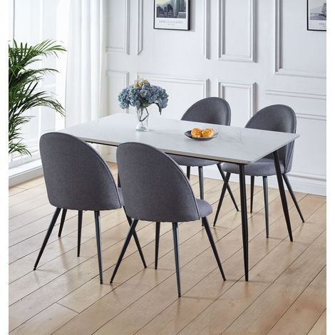 Hallowood Furniture Cullompton Dining Table and Chairs Set 4, White Faux Marble Dining Table and Chairs Set with Curved Back Grey Fabric Upholstery for Home and Cafes (160cm) (1/5)