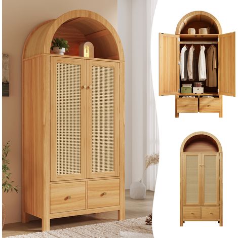 Armoire penderie avec Cannage en Rotin, 2 portes 2 tiroirs, étagère ouverte semi-ronde, fermeture magnétique, tringle vêtements, 181x78x45 cm, Chêne (1/5)