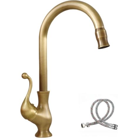 Robinet en bronze antique, mitigeur monocommande, style laiton vintage, mitigeur pivotant à 360° en position haute. (1/5)
