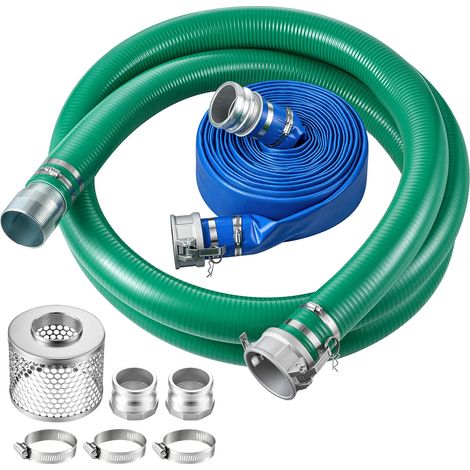 VEVOR Tuyau Aspiration Pompe Vert 6,1 m 76 mm Refoulement Plat Bleu 19,8 m pour Piscines, Pompes a Eau, Pret a lEmploi, en PVC, Kit avec Crepine Ronde, Raccords a Cames Rainures, Colliers de Serrage (1/5)