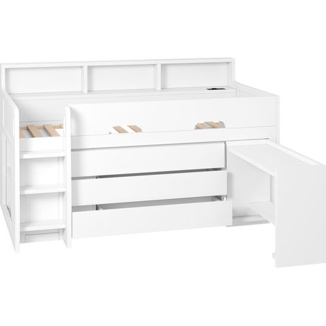 Lit mezzanine bas (90 x 200 cm) avec trois tiroirs, un bureau intégré mobile, plusieurs compartiments de rangement, une barre lumineuse LED et des ports USB, blanc (1/5)