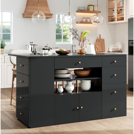 Isola da cucina 140/40/89 cm in nero con 6 cassetti, ripiani aperti e sgabello contenitore (1/5)